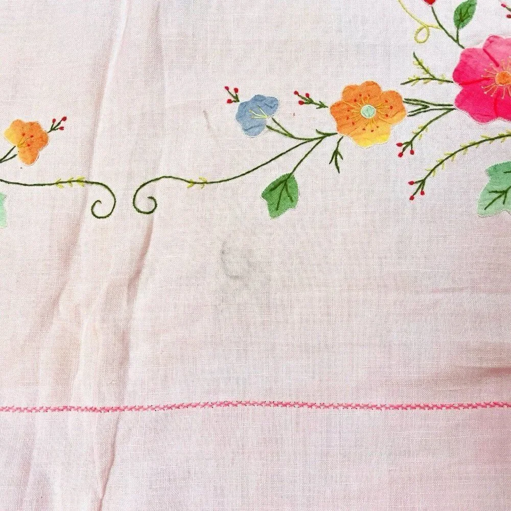 Vintage Handmade Pink Square Embroidered Floral Tablecloth 42 x 41 Appliqué Cute